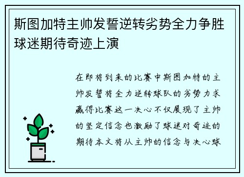 斯图加特主帅发誓逆转劣势全力争胜球迷期待奇迹上演