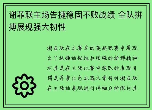谢菲联主场告捷稳固不败战绩 全队拼搏展现强大韧性
