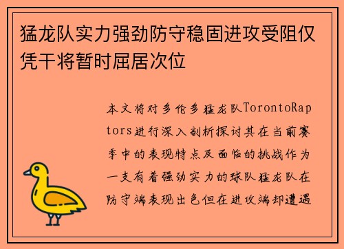 猛龙队实力强劲防守稳固进攻受阻仅凭干将暂时屈居次位