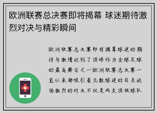 欧洲联赛总决赛即将揭幕 球迷期待激烈对决与精彩瞬间