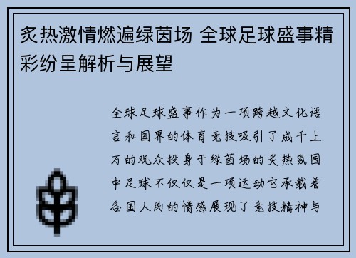 炙热激情燃遍绿茵场 全球足球盛事精彩纷呈解析与展望