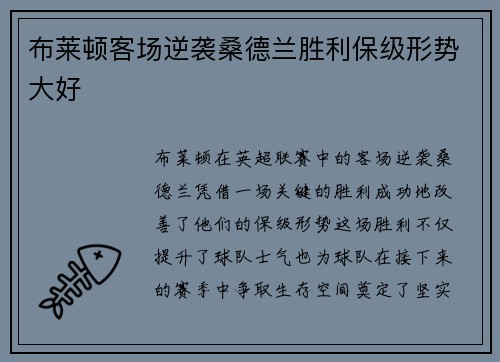 布莱顿客场逆袭桑德兰胜利保级形势大好