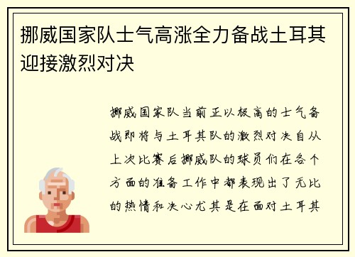 挪威国家队士气高涨全力备战土耳其迎接激烈对决