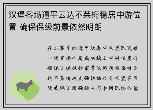 汉堡客场逼平云达不莱梅稳居中游位置 确保保级前景依然明朗