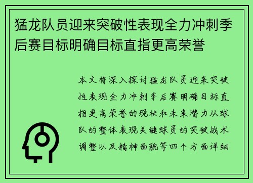 猛龙队员迎来突破性表现全力冲刺季后赛目标明确目标直指更高荣誉