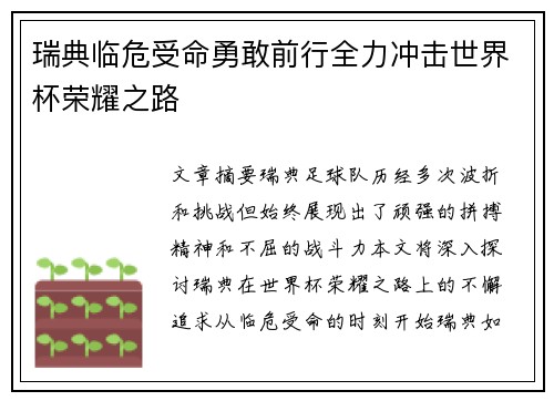 瑞典临危受命勇敢前行全力冲击世界杯荣耀之路