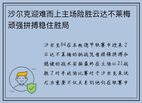 沙尔克迎难而上主场险胜云达不莱梅顽强拼搏稳住胜局
