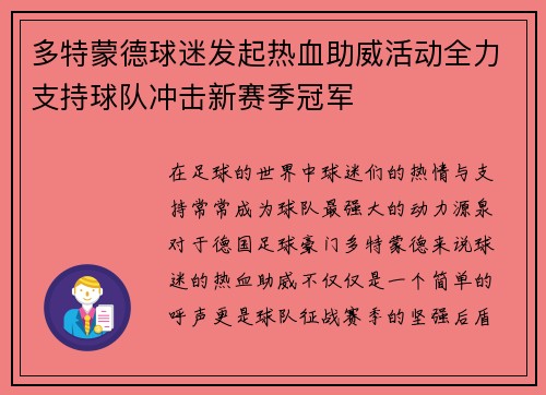 多特蒙德球迷发起热血助威活动全力支持球队冲击新赛季冠军
