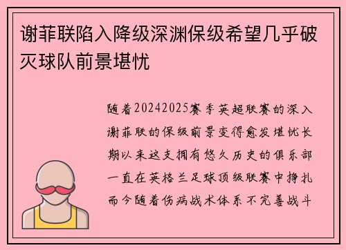 谢菲联陷入降级深渊保级希望几乎破灭球队前景堪忧